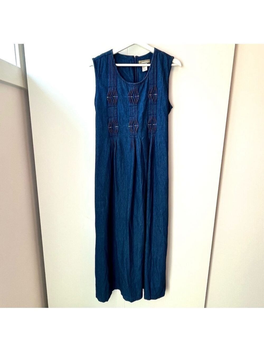 Vintage Denim Maxi Dress 100% Cotton Pintuck Embroidered Boho Cottagecore 14 - Picture 5 of 13